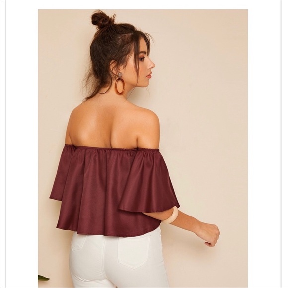 NEW Burgundy Shirred Off the Shoulder Top - Picture 3 of 5